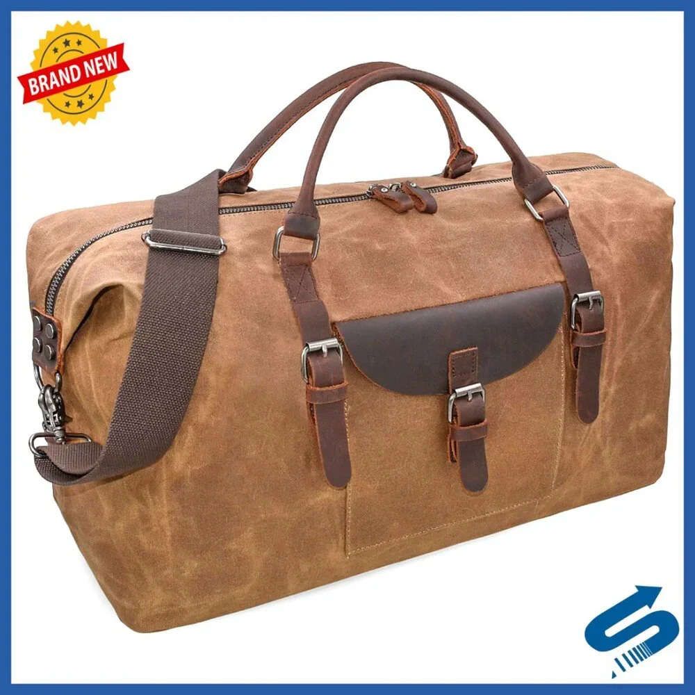 Oversized Travel Duffel Bag Waterproof Canvas Genuine Leather Weekender Carryon